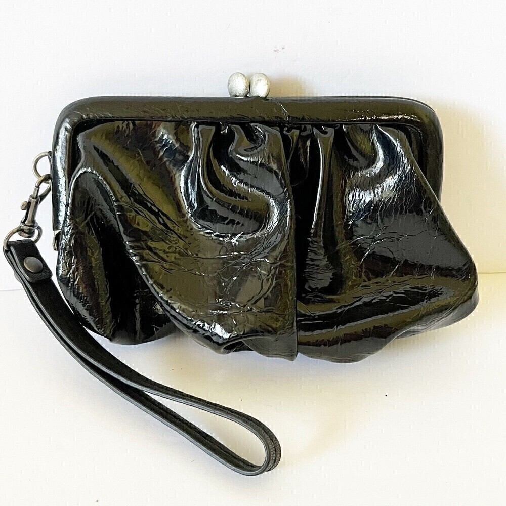 Simply Vera Wang Black Patent Leather Wristlet Clutch Retro Kiss Lock Closure - Picture 4 of 6